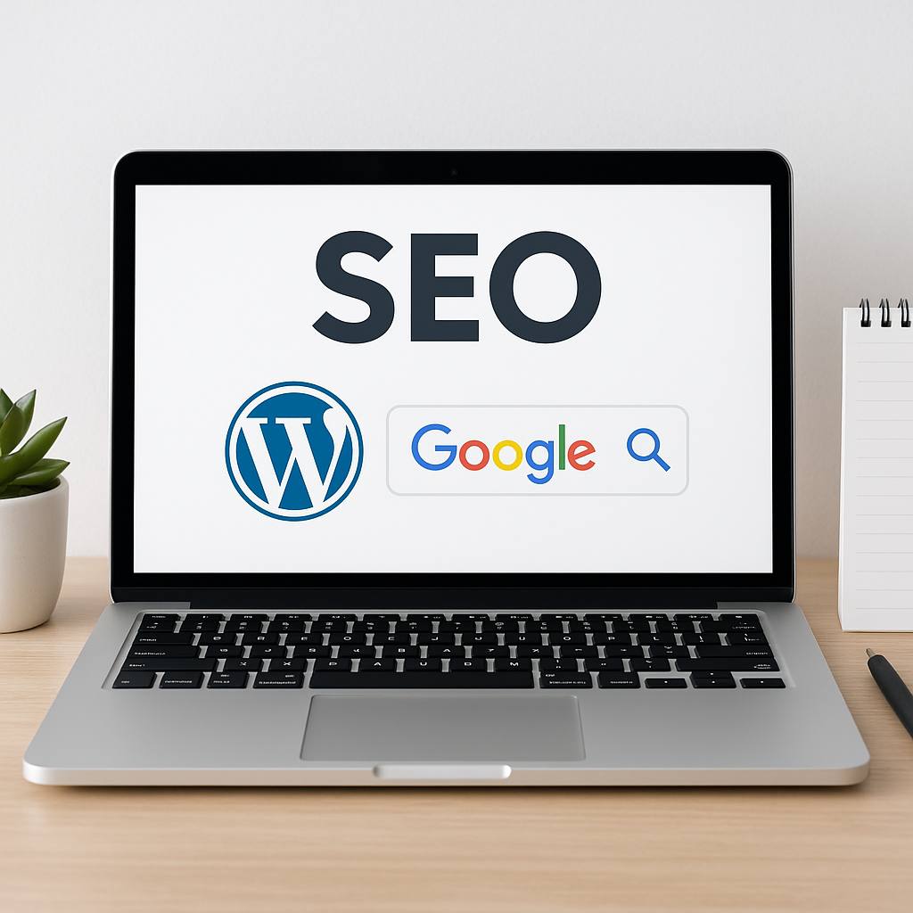 schermo notebook con scritta SEO per Wordpress